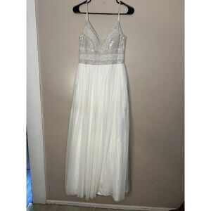 Adrianna Papell Aida Beaded Chiffon Gown Sz 4 Nude  White Wedding Prom Pockets